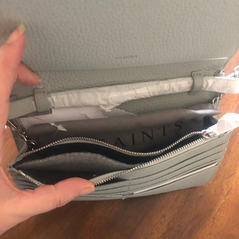 NWT $228 AllSaints FETCH LEATHER CHAIN WALLET CROSSBODY BAG in Sky Blue!